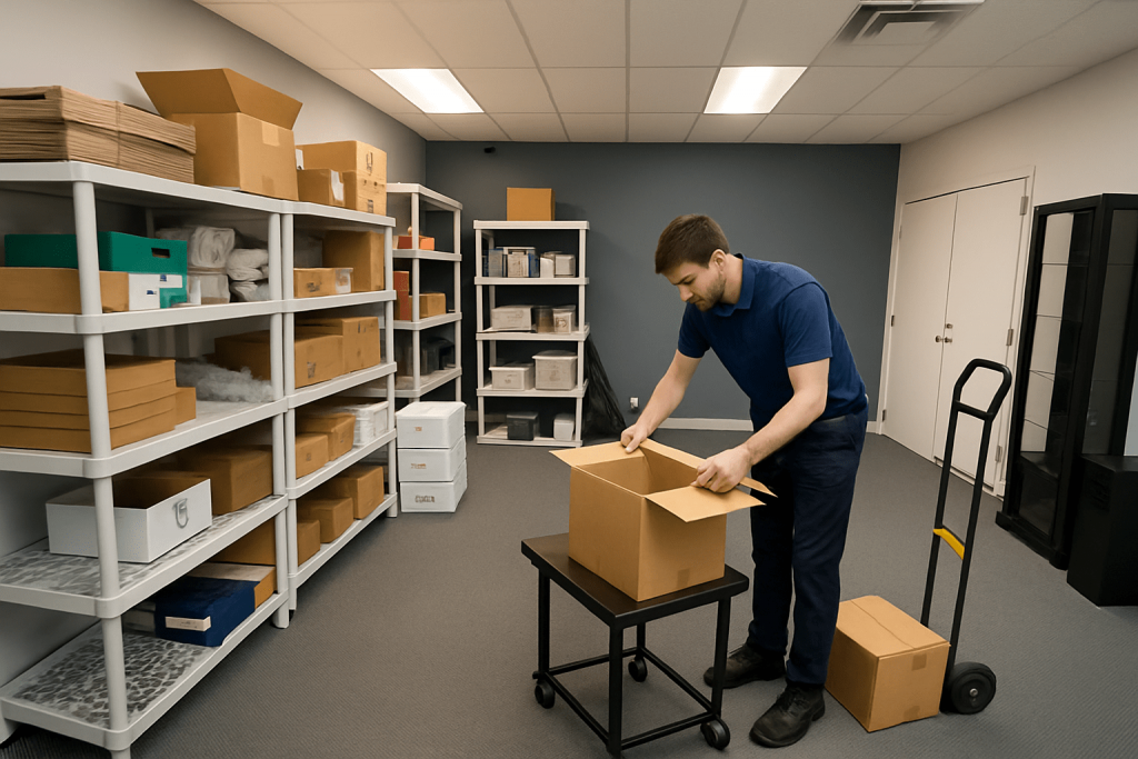 Warehouse worker preparing product kits and bundles by organizing and packaging items for Urban3PL’s kitting and bundling services.