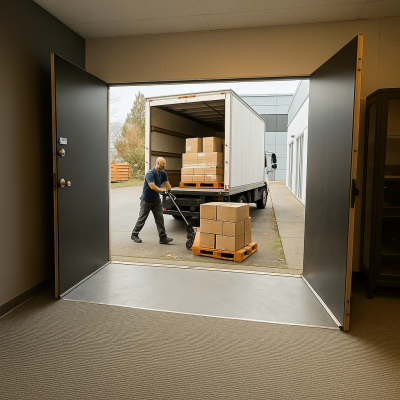 Warehouse fulfillment worker unloading pallets from a delivery truck at Urban3PL’s facility.