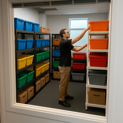 Warehouse staff member organizing labeled storage bins as part of Urban3PL’s Pick & Pack services.