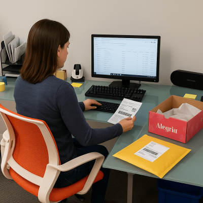 Office staff member inspecting a return label and updating return processing records for Urban3PL.