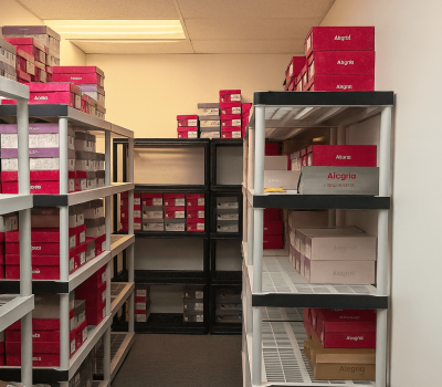 Organized warehouse storage shelves filled with inventory boxes at Urban3PL’s Vancouver facility.