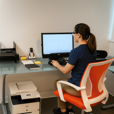 Office staff member working at a computer to manage orders and inventory for Urban3PL fulfilment operations.