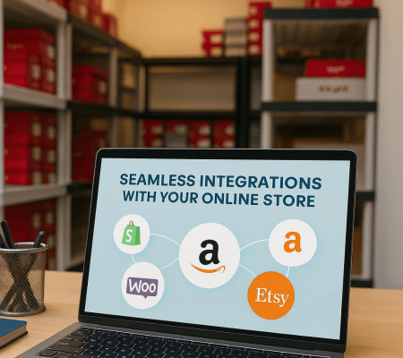 Laptop showing seamless software integrations with Shopify, Amazon, WooCommerce, and Etsy inside a warehouse environment.